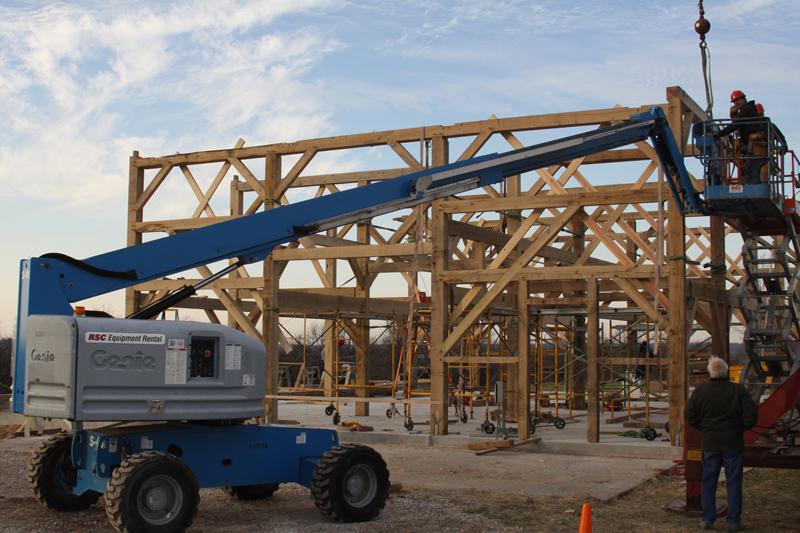 Darrel Zimmerman overlooks the construction on the frame of The Barn at Kill Creek. The old Zimmerman’s Kill Creek Barn was destroyed by a tornado last year. You can help fund the barn by donating at www.thekrcf.org.