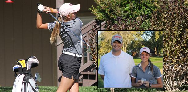 Senior Brittani Jenson follows through on her shot during the 4A State Golf Championships Oct. 20 at Dubbs Dread Golf Course in Kansas City, Kansas. Inset: Jenson with coach Drew Walters after receiving her first-place medal. 