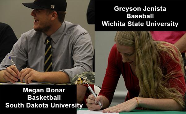 Seniors Megan Bonar and Greyson Jenista made their college choices official after signing letters of intent in front of family and friends at a signing ceremony at De Soto High School on Nov. 12, 2014. Bonar will continue her education and play basketball at South Dakota University. Jenista will stay a little closer to home after signing to play baseball with the Shockers of Wichita State University.