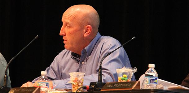 De Soto school board member Scott Hancock listens to patron input during the USD 232 school board meeting at De Soto High School March 9. 