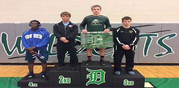 Junior Nate Panagakis being crowned Regional Champion for the 160 lb weight class on Saturday, Feb. 20.