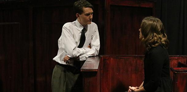 Sophomore Ben Pickert (District Attorney Flint) interrogates Junior Sydney Hoover (Karen Andre) at a dress rehearsal on Feb. 29.