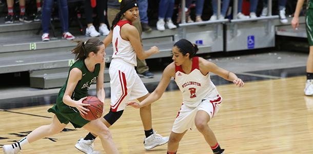 De Soto High School junior Sydney Jones looks for an open teammate during the first half of the Wildcats 62-57 loss  to Wellington at the 4A State Tournament in Salina  on March 9.