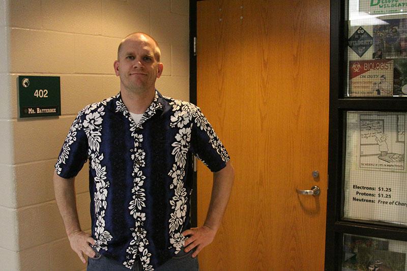 Aaron Batterbee stands proudly outside his Biology classroom.