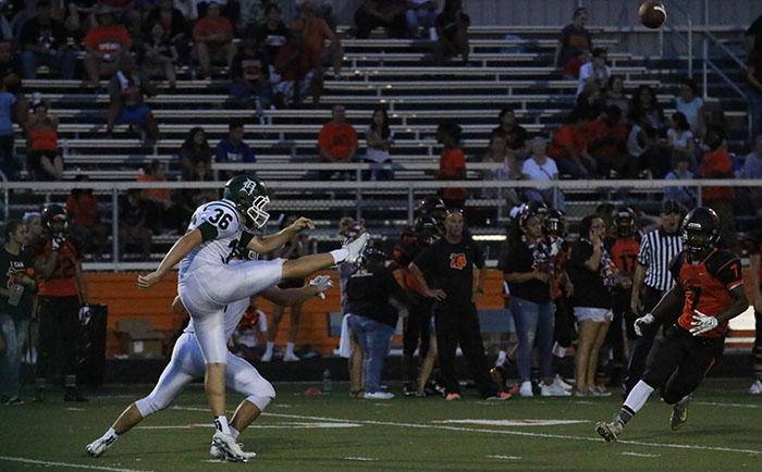 Junior Max Garrett kicks off to Bonner Springs High School, eventually resulting in a 28-0 win, moving the Wildcats to 2-0