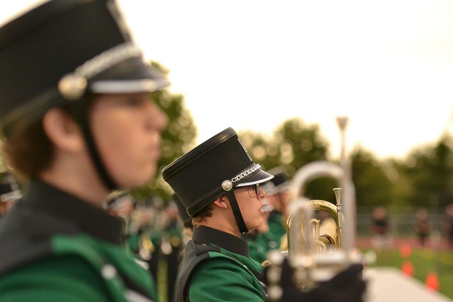 The De Soto band preparing to march at a home football game. 