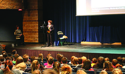 Sonia Warshawski addresses the freshman class on March 1.