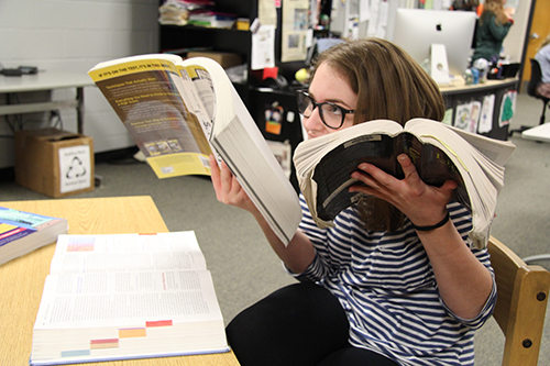 Junior Rylee Wilson crams for AP Exams. Photo by Micah Faulds.
