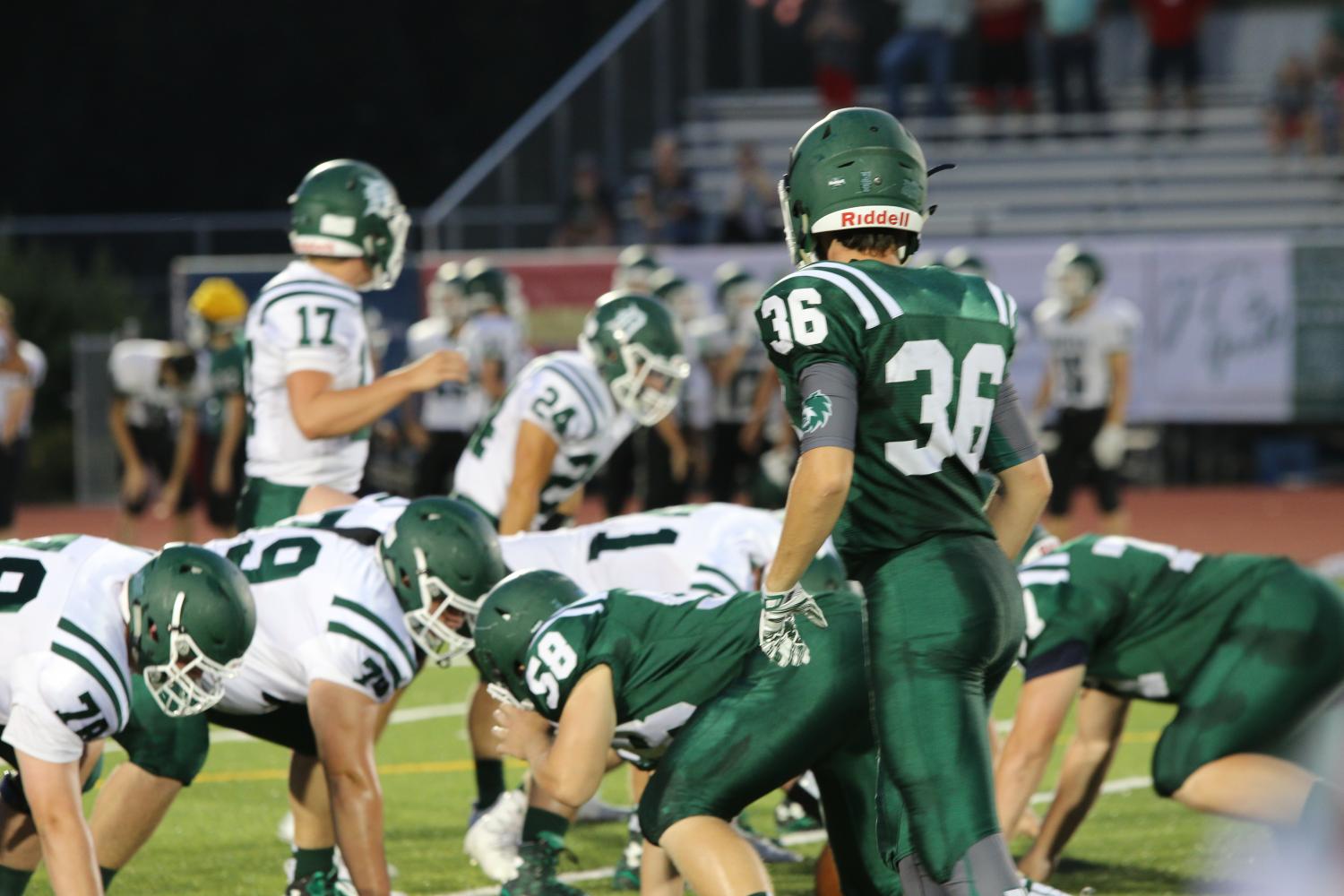 Senior linebacker Max Garrett lines up before the snap.