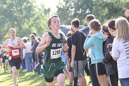 Sophomore Jack Loomis races to the finish line at Wyandotte Park on Sept. 16. 