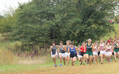 Varsity boys cross country starts off their race on Oct. 4 at Shawnee Mission Park.  