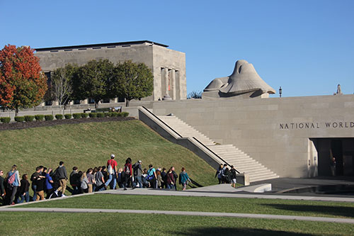 A line of De Soto juniors walk towards the National World War I Museum and Memorial in Kansas City, Missouri on Oct. 26.