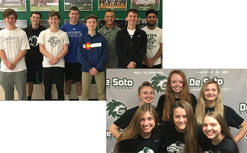 Eight soccer members and six volleyball members pose to celebrate their all-league team acceptance. 