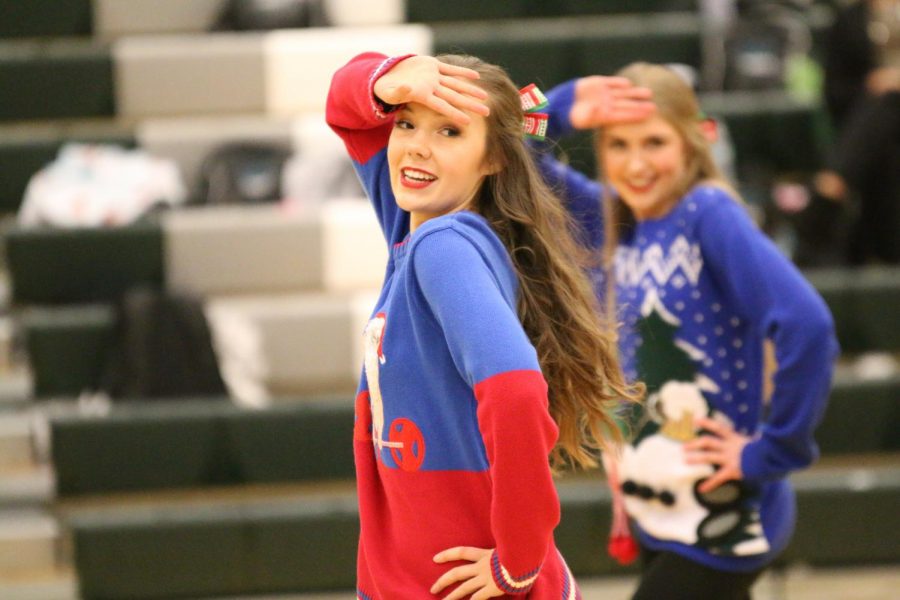 Sophomore Jolie Dobosz and junior Ciara Tabor perform at a basketball game on December 7, 2017.