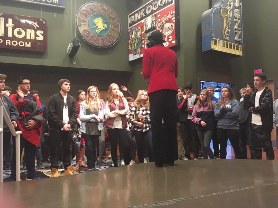 Members of De Soto High School's freshman class listen to a speaker during a field trip to the Negro Leagues Baseball Museum and the American Jazz Museum in downtown Kansas City, Mo., on Jan. 30. 