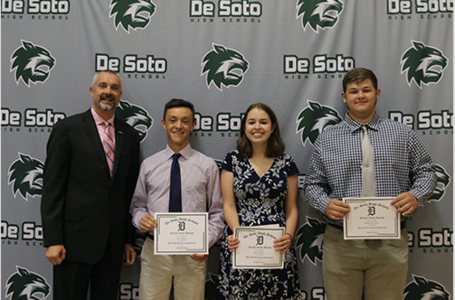 Seniors Cody Moose, Rylie Wilson and Michael Kellner receive the McCarthy Auto Group Scholarship at the senior breakfast on May 18.
