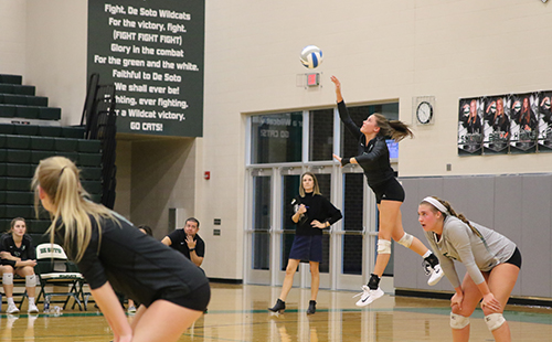 Senior Loren Hinkle serves the ball over the net during the substate game versus Topeka Seman on Oct. 20. 