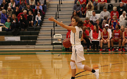 Junior LaMyah Ricks calls a play as she brings the ball up the court against Shawnee Heights on Nov. 30.