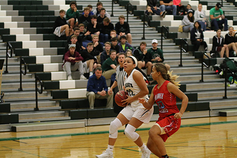 Senior varsity girls basketball player Linnea Searls preps for a shot at the game against Shawnee Heights High School on Nov. 30.