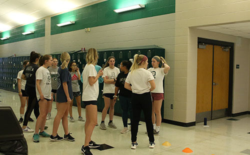 The DHS girls’ soccer team prepares to warm up at their conditioning session after school on Jan 15. 