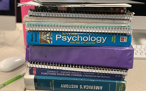 A stack of notebooks and textbooks meant to represent the amount of workload the average AP student has. 