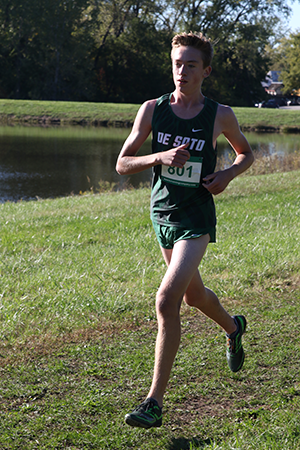 Freshman Clayton Tilley runs at the United Kansas City Conference cross country meet on Oct. 11, 2018.