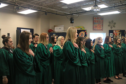 De Soto Descants rehearse their ending action at Mill Valley High School before performing their song Dance on my Heart on April 6, 2019.
