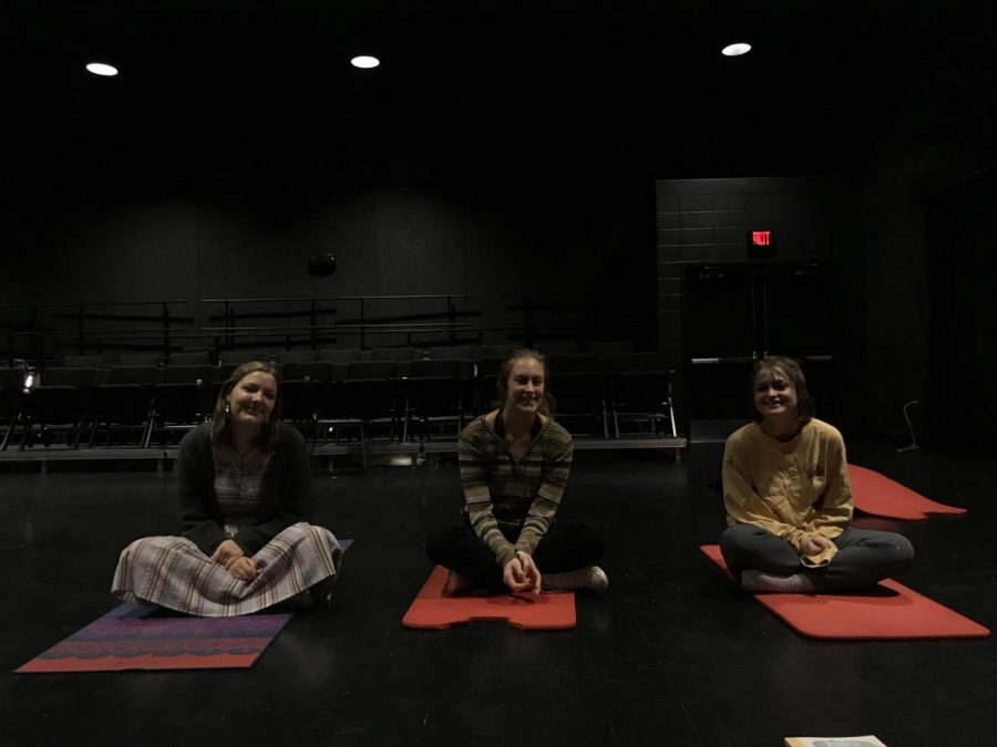 Senior Sydney Ames leads Mindful Mornings with other leaders Hayley Moss and Aspen Grieshaber.