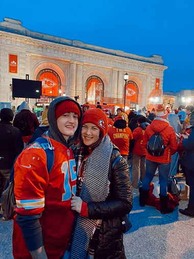 Junior Blake Hinson and senior Allison Oberle support the Chiefs at Union Station during the pep rally on Feb. 5, 2020. 