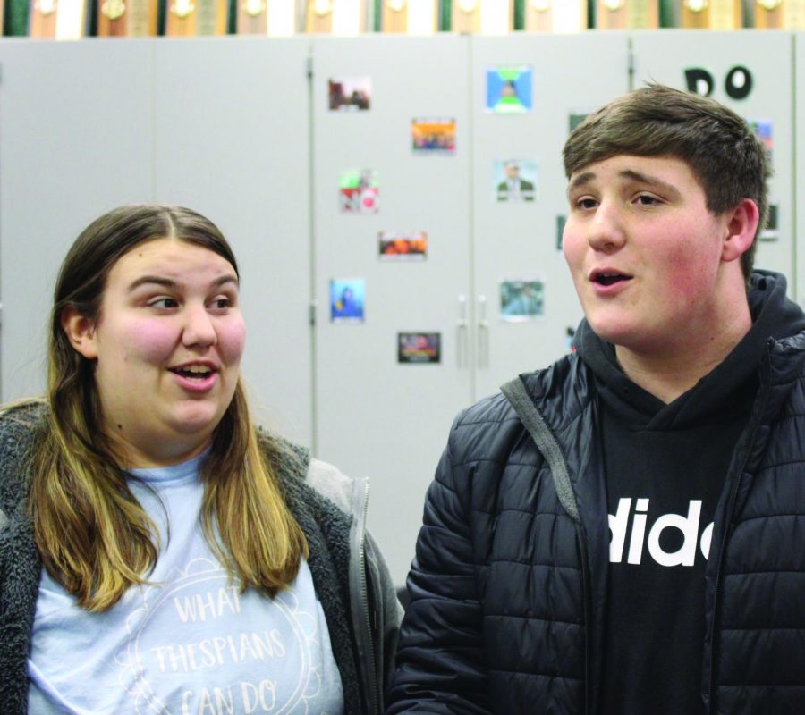 Mamma Mia participants senior Makenna Kerr and junior Bryson Kendall rehearse in the choir room on Jan. 30, 2020.