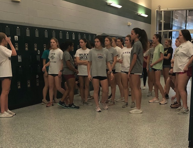 The girl’s soccer team prepares for after school conditioning on Feb. 19, 2020.