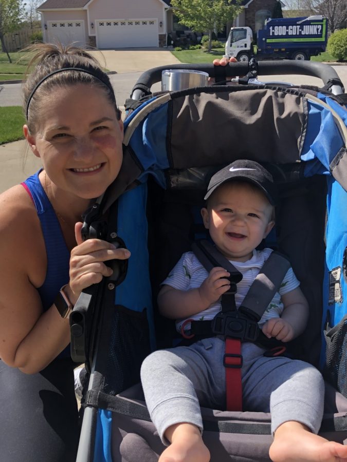 Science teacher Abby Adams enjoys a walk out with her son on April 7.