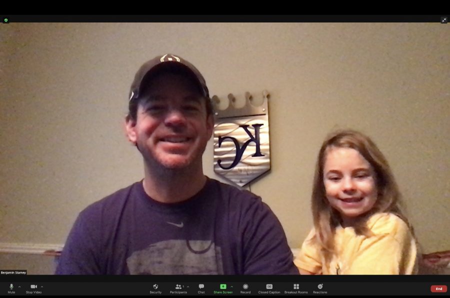 Mr. Stamey hosts his morning office hours with help from his daughter, Rachel. 