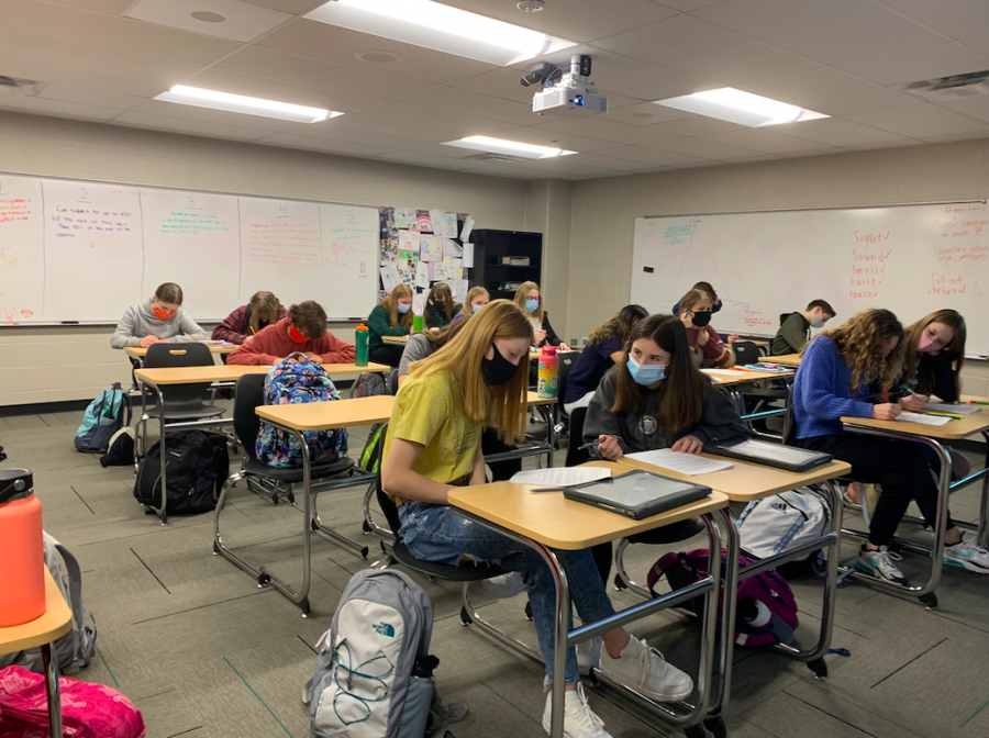 De Soto High school freshman work on homework in Emily Shepard's English 9 class on Feb. 4.