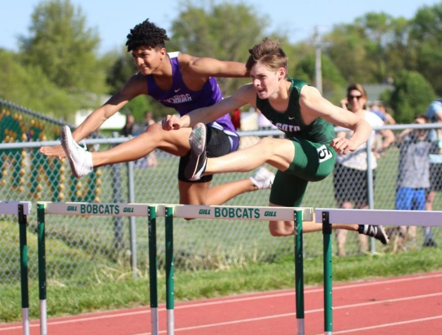 Senior Brady Hudelson running the 300-meter hurdles at  the Shawnee Mission North Relays on May 7.